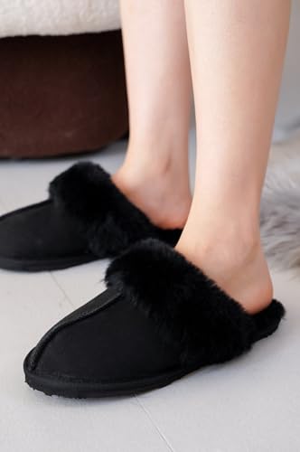 Image of Project Cloud Genuine Leather Slippers for Women with Genuine Fur Lining, Non-Slip Indoor /Outdoor Clog Mule Slippers, Memory Foam Insole