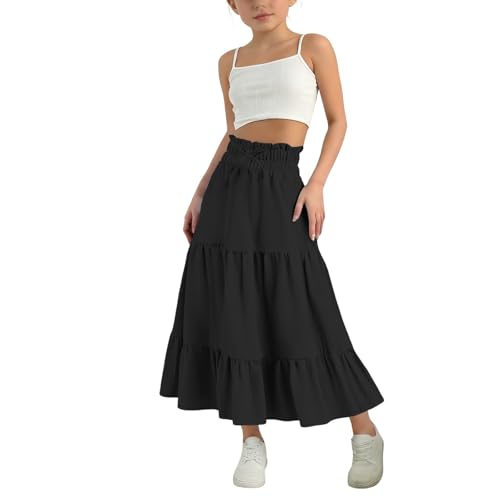Girls Cotton Linen Layered Pleated Casual Skirts Kids Summer Elastic High Waist Dress Teen Fashion Baggy Clothes(Black, 9-10 Years)