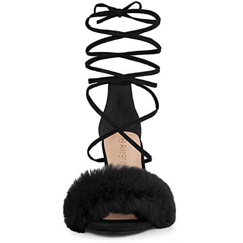 Allegra K Women's Faux Fur Lace Up Strappy Chunky Heels Black Sandals 7 M US