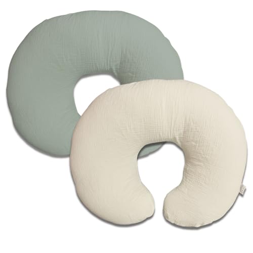 Nursing Pillow Cover,Muslin Cotton,Removable Cover For Breastfeeding pillows,2-Pack Pillow Covers,Ultra-soft Baby Nursing Pillow, Fits Newborn Feeding Pillow 22.5IN*18IN (Sage Green & Cream-Coloured)
