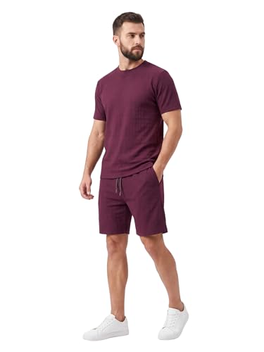 AMOLDO Men’s Textured Co‑ord Set – Round Neck T‑Shirt & Drawstring Shorts, Lightweight Summer Loungewear – 66% OFF