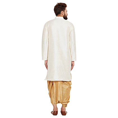 Image of SOJANYA (Since 1958 Men's Off-White and Gold Dupion Silk Dhoti Kurta Set
