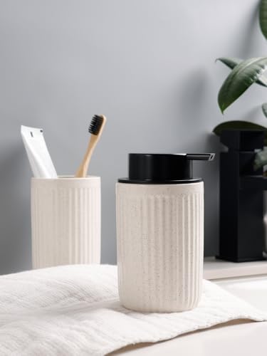 Image of Bosilunlife Soap Dispenser and Toothbrush Holder Set - Dish Hand Soap Dispenser Bathroom Set Ceramic Bathroom Counter Soap Toothbrush Holder Set Beige Bathroom Accessories Set