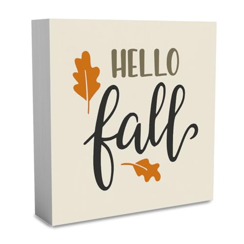 Rustic Hello Fall Wood Box Sign, Farmhouse Retro Fall Leaves Artwork Decor, Autumn Thanksgiving Wooden Square Sign Desk Block Signs Home Shelf Office Decoration 5 x 5 Inches