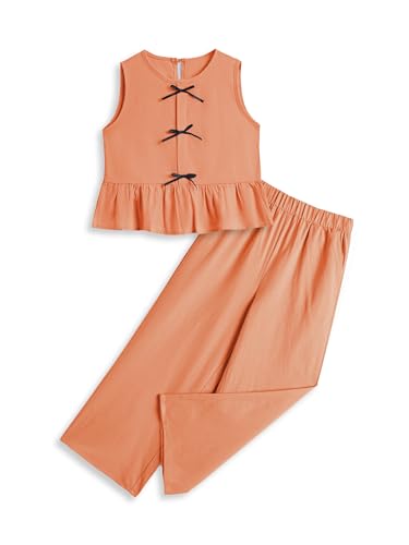 Image of Girls' Clothing Sets Sleeveless Bow Crop Top Wide Leg Linen Pants 2026 Summer Outfits Cute Kids Clothes