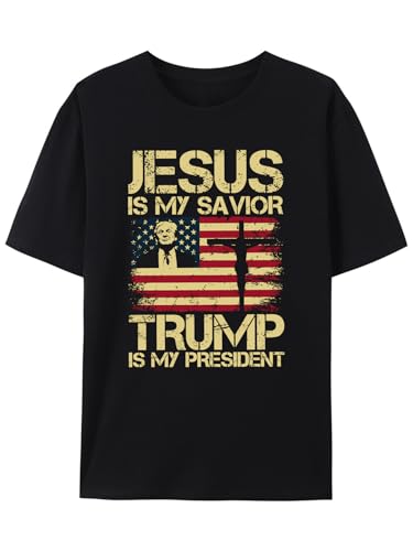 Trump 2026 Patriotic T-Shirt - 4th of July American Flag & Jesus Design Independence Day Funny Tee for Men Americans (BlackTrump L)