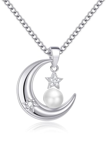 TIZU Collar de Mujer Colgante de Luna   Perlas   Star collar Joyeria Regalo para Mujer Novia Esposa Madre Aniversario Cumpleaños Navidad
