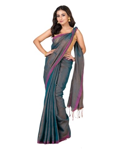 Image of Women's Tissue Cotton Saree | Plain Lightweight Tassel Pallu Saree with Blouse