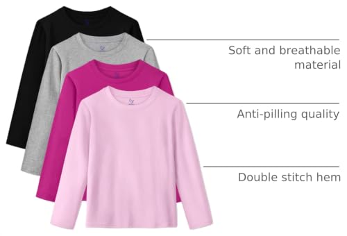 Image of 4 Pack Girls Long Sleeve Shirts Cotton T-Shirts Tagless Kids Tees Clothes | Basic Girls Shirts Toddler & Youth, Cozy & Soft, Reinforced Rib-knit Neck & Cuffs & Hem, Perfect for Layering or Daily Wear