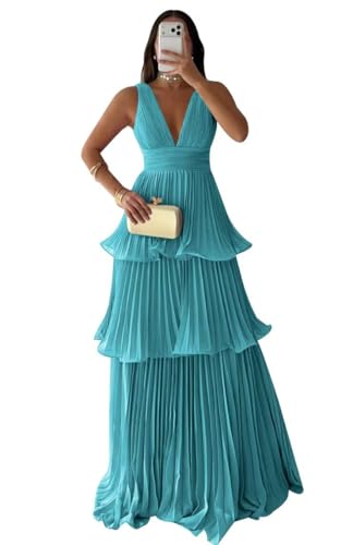 Pleated Chiffon Prom Dress Tiered Aline Bridesmaid Dress V Neck Backless Long Formal Evening Cocktail Gown Size0 Aqua