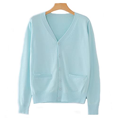 Image of Blostirno Women's Cardigan School Uniform Sweater Cardigans V-Neck Long Sleeve Button Down Knit with Pockets