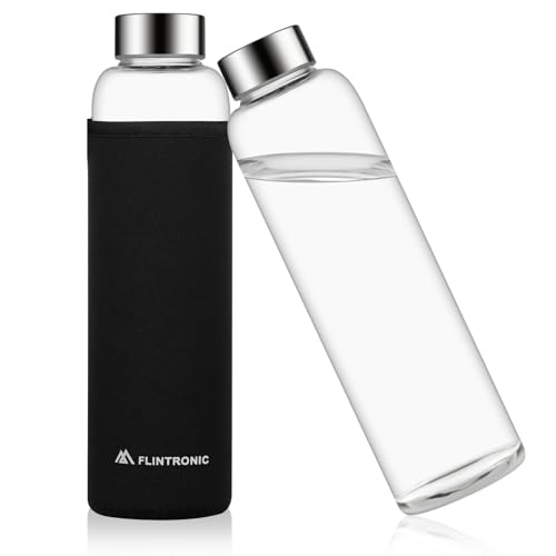 flintronic Botella de Agua Cristal 550ML, Vidrio Borosilicato, Botella de Agua Reutilizable con Antideslizante Protección Neopreno Llevar Manga, Sin BPA, para Deporte, Camping, Niños y Adultos (Negro)