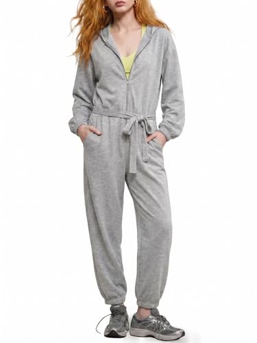 Fisoew Womens Long Sleeve Jumpsuits Tie Waist Zip Up Hoodie Sweatshirt Jogger Sweatpants Workout Loose One Piece Outfits