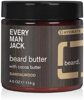 Every Man Jack Beard Butter- Subtle Sandalwood Fragrance - Rejuvenates, Hydrates, and Styles Dry, Unruly Beards While Relieving Itch - Naturally Derived with Cocoa Butter and Shea Butter - 4-ounce