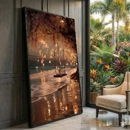 Toile avec lanterne romantique et balançoire de plage pour une ambiance sereine