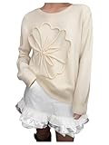 SweatyRocks Women's 3D Floral Appliques Sweaters Long Sleeve Crewneck Pullovers Trendy Knit Tops Beige Medium