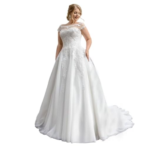 TRHTX Elegant A-line Wedding Dresses for Bride Scoop Neck Lace Wedding Bridal Gowns with Sleeves
