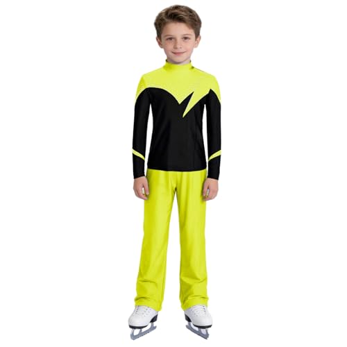 Sywiyi Costume de patinage artistique 2 pièces pour garçon - Paillettes - Haut à manches longues - Bloc de couleurs - T-shirt avec pantalon - Pour enfants - Patinage sur glace - Gymnastique - Tenue de