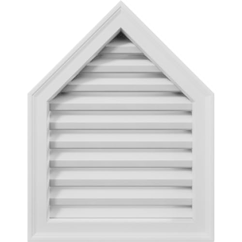 TrueCraft PVC Peaked Top Fixed Louver Gable Vent, 24"W x 36"H RO Size (26"W x 38 3/8"H Overall Frame Size) 12/12 Pitch: WM180 Brickmould Trim Frame, Recessed Louver Box, Functional
