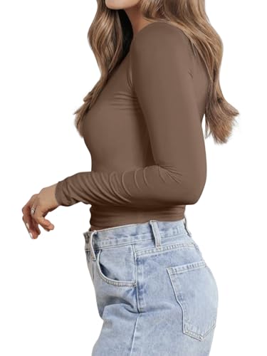 PINKMSTYLE Long Sleeve Shirts for Women V Neck Double Lined Fitted Fall Basic Tee Shirts Sexy Tops 2025 Casual Trendy Clothes Light Brown Small — view 4