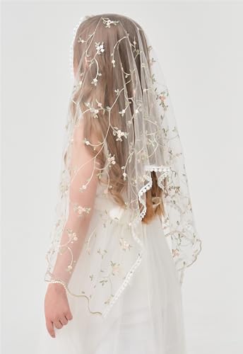 Rectangular Veil for Girls Rose Embroidered Veil Floral Veil for First Communion Girls Flower Veil K13
