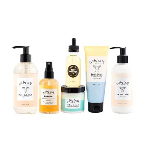 Image of TUBBY TODD Baby Arrival Bath & Skincare Set - The Newborn Gift Set - Baby Shampoo & Body Wash, Lotion 8oz, All Over Ointment, Diaper Paste 4oz, Baby Massage Oil 2oz, Baby Deo 4.2oz - Fragrance-Free