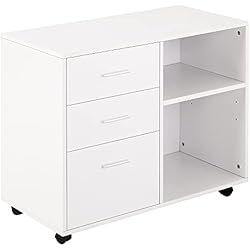 Cajones Oficina HOMCOM Armario de Oficina con Espacio para Impresora Multifuncional con 3 Cajones Estante Ajustable Ruedas Gran Capacidad de Almacenaje 80x40x65 cm Blanco