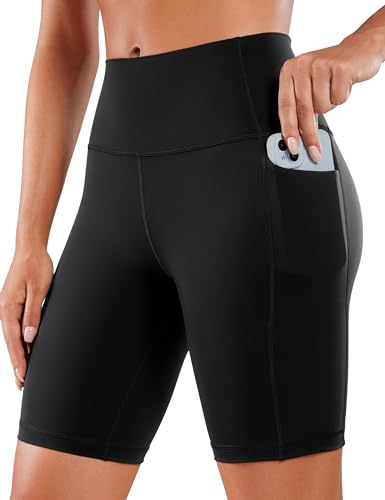 CRZ YOGA Pantalones Cortos de Motociclista con Bolsillos - 20 cm Pantalones Cortos de Yoga Cintura Alta Negro - 8'' 42