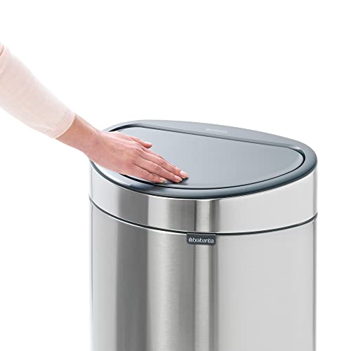 Image of Brabantia Press-Top Kitchen Trash Can with Flat Back | Platinum | 10.6 Gallon / 40L | Home Trash Can with Soft-Touch Stay-Open Lid & Removable Inner Bucket | Fits Flat Against Walls | + Trash Bags