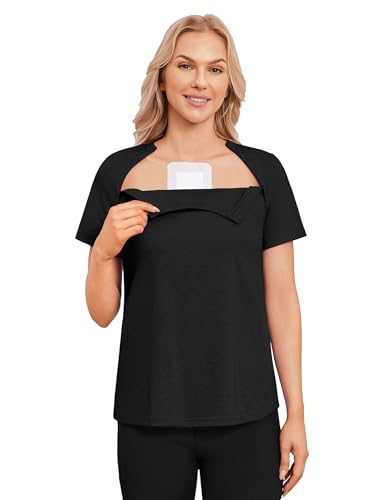 Deyeek Chemo Shirts for Port Access Women with 2 Hidden Side Zipper Short Sleeve Post Surgery Shirts Soft Adaptive Clothing M