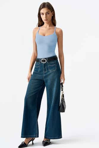 Image of QINSEN Womens Cross Back Tank Top V Neck Double Lined Camisole Top Sleeveless Spaghetti Strap Going Out Tops