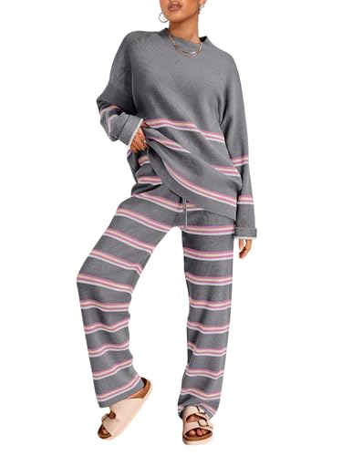 Image of LILLUSORY 2 Piece Sets for Women 2025 Fall Outfits Two Piece Lounge Sets Sweatsuits Striped Knit Sweater Clothes Fashion