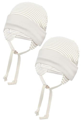 TupTam Baby Erstlingsmütze mit Ohrenklappen 2 er Pack, Farbe: Streifenmuster/Beige, Größe: 62-68