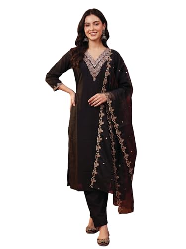 Image of INDO ERA Women's Black Silk Blend Embroidered Mirror Work Kurta & Pant with Dupatta Set (IEDDAI484)
