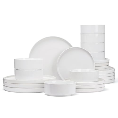 Image of Famiware Nebula Plates and Bowls Set, 24 Pieces Dinnerware Sets, Dishes Set for 8, White