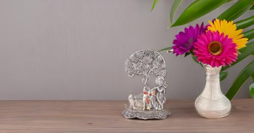 Image of Lavanaya Silver Lord Krishna with Cow Standing Under Tree Playing Flute Silver Plated Figurine (12x8x17cm), Floral