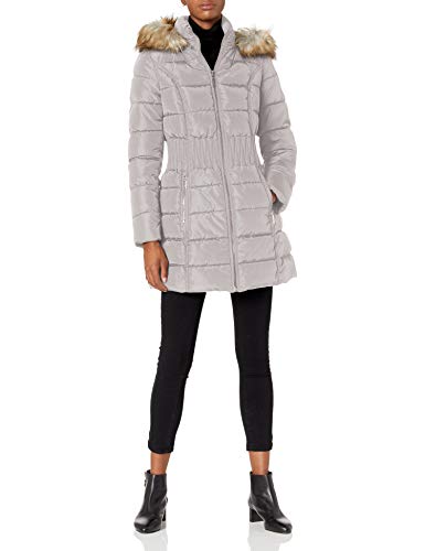 Laundry by Shelli Segal Women's Stretch Quilted Puffer Jacket – Long Winter Coat with Faux Fur Hood