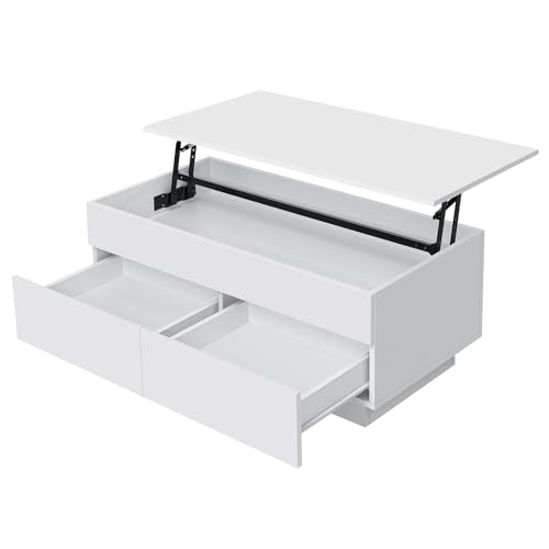 Mesa de centro LED para sala de estar, mesas de centro elevables con almacenamiento Morden de alto brillo, 4 niveles, mesas centrales blancas té negro, compartimento oculto y 2 cajones