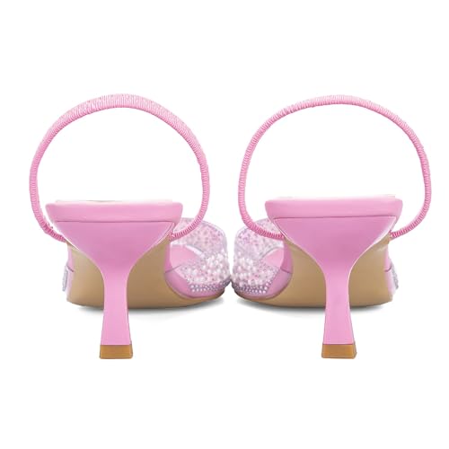 Image of YIYA Women's Clear Slingback Heels with Pearl Studded Pointed Toe Kitten Mid Heels Sparkly Rhinestone Slip On Wedding Party Shoes