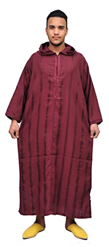 Treasures Of Morocco Moroccan Men Djellaba Handmade Hooded Caftan Burgundy With Matching Embroidery Tread Thobe Loungewear African Medium