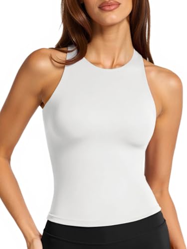 Image of LASLULU Womens High Neck Workout Tank Tops with Built in Bra Strappy Back | Low to Medium Impact,Longline Halter Neck Sports Bra,Fitted Compression,Padded Athletic Yoga Running Gym Pilates Tank Tops