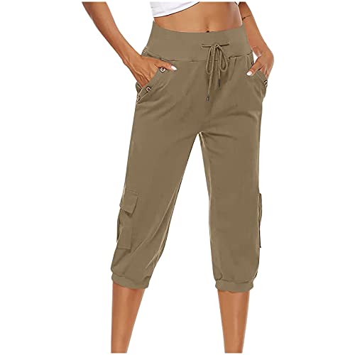 Sukilimiy Womens Capri Pants For Summer Drawstring Cargo Pants Elastic Waist Casual Capri Joggers Loose Straight Trousers Pants With Pocket Plus Size High Waist Baggy Wide Leg Cropped Pants A-Khaki #TOP2