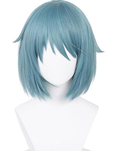 Image of Half and Half Sayaka Miki Cosplay Wig Short Blue Bob Anime Wig with Bangs Dark Teal Wigs Synthetic Fiber Hair for Women Halloween Party