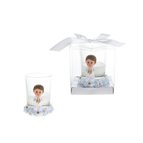 Lunaura Religious Keepsake - Set of 12 "Boy" Toddler in White Praying with Cross Votive Candle Set Favors - Blue