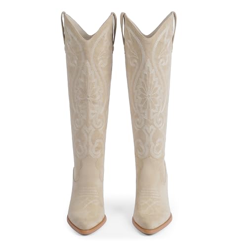 Image of Modatope Knee High Cowboy Cowgirl Boots Embroidered Tall Western Boots for Women with Block Chunky Heel Pointed Toe and Slip on Design