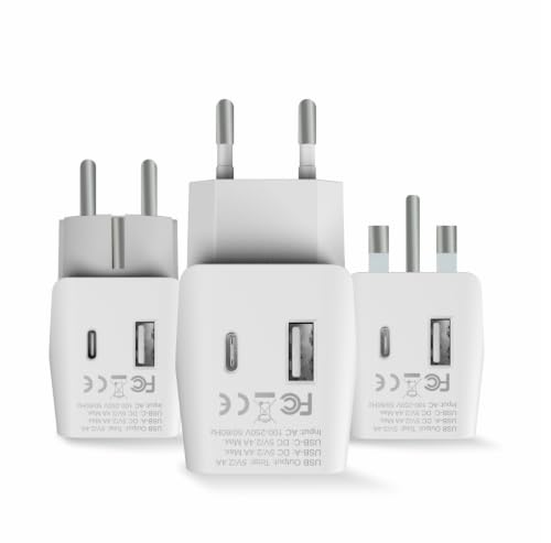Image of Ceptics Complete European Set Travel Adapter Plug by Ceptics With Dual USB - Type G, E /F, C - London - USA Input - Light Weight - Perfect for Cell Phones, Chargers, Cameras and More - 3 Pack