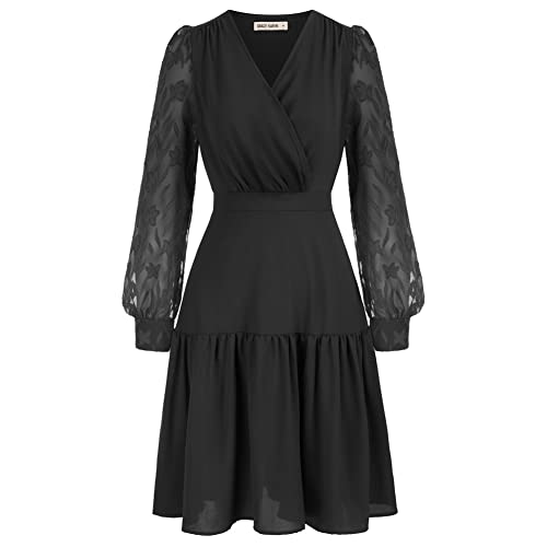GRACE KARIN Damen Vintage Sommerkleid Tüll Langarm Midikleid Schwarz...
