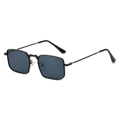 LJCZKA Gafas de Sol Rectangulares Retro Hombre Mujer Gafas Cuadradas Vintage Montura Metálica Protección UV400 (Negro Gris)