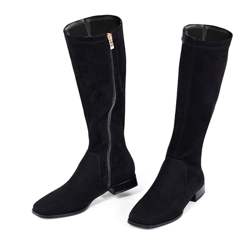 GENSHUO Knee High Boots for Women Comfy Flat Heel Vintage Square Toe Fall Winter Faux Suede Side Zipper Costume Knight Booties Faux Suede Black Size 9