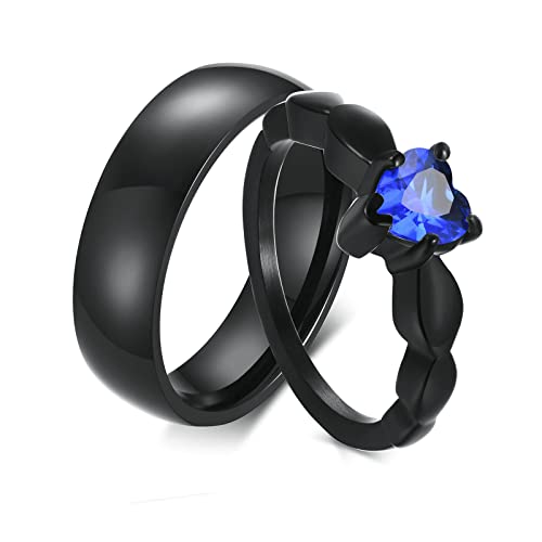Bague couple acier inoxydable noire 6mm et alliance zircon cœur taille 52 à 67